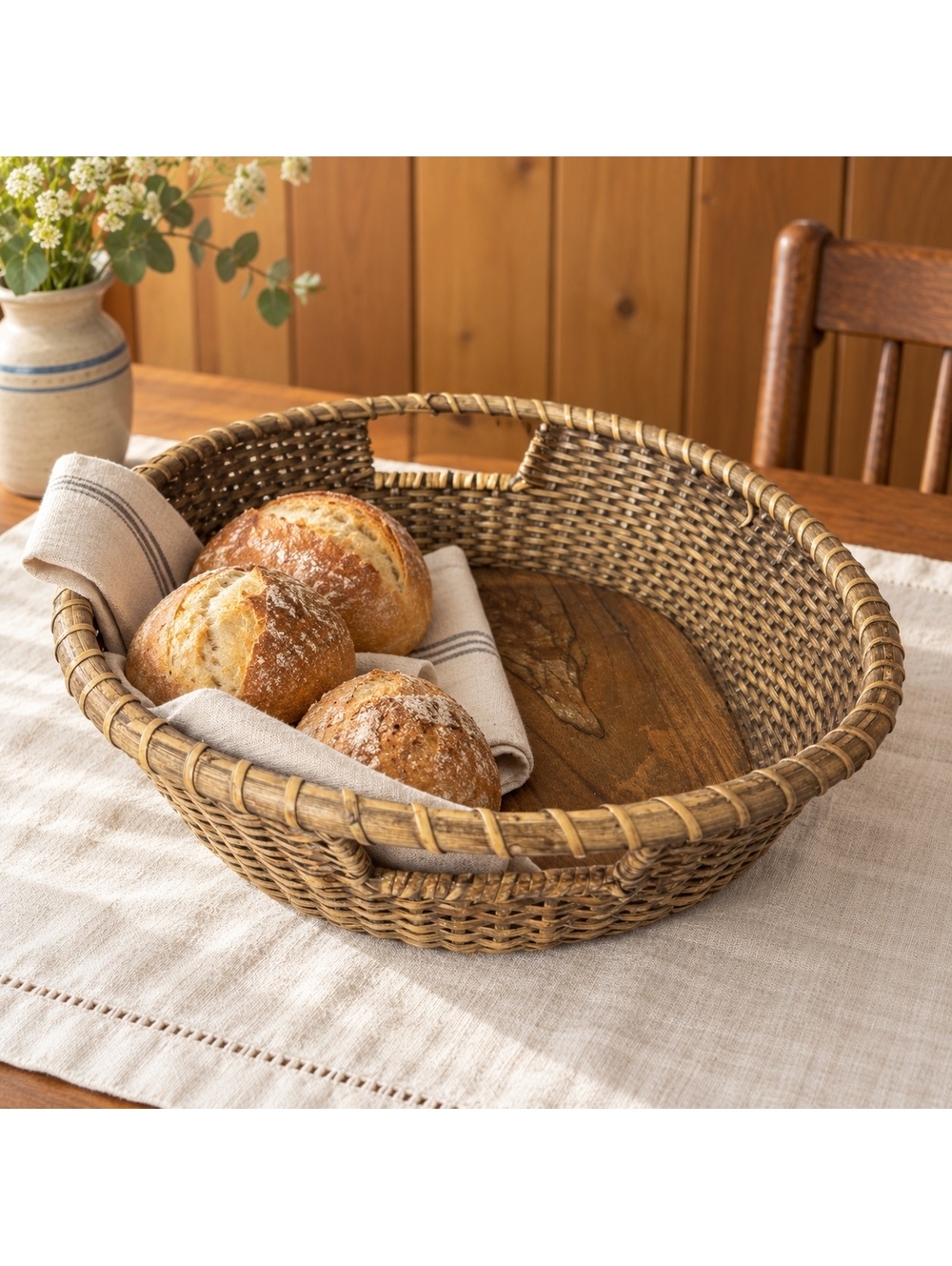 Vintage Woven Basket Stonewall Kitchen Wood Bottom Serving Tray 14 Inch